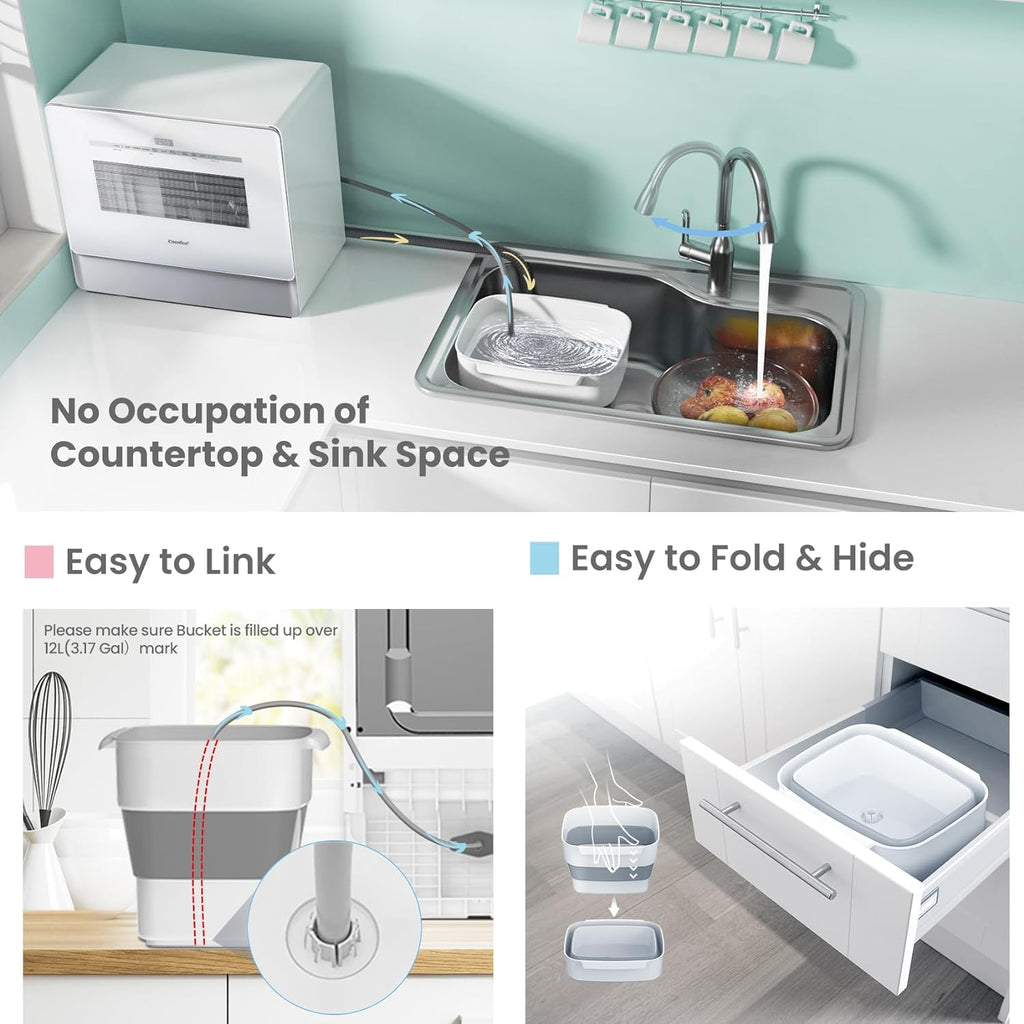 COMFEE' Portable Dishwasher Countertop with 5L Built-in Water Tank, No Hookup Needed, 6 Programs, 360° Dual Spray, 192�?High-Temp& Air-Dry Function, Mini Dishwasher for RVs, White