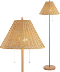 JONATHAN Y 61" Brown Wood Finish 2-Light Coastal Bohemian LED Floor Lamp for Living Room, Brown Rattan Shade, Mid-Century Modern Tall Standing Lamp, Pull-Chain, LED Bulbs Included JYL3092A