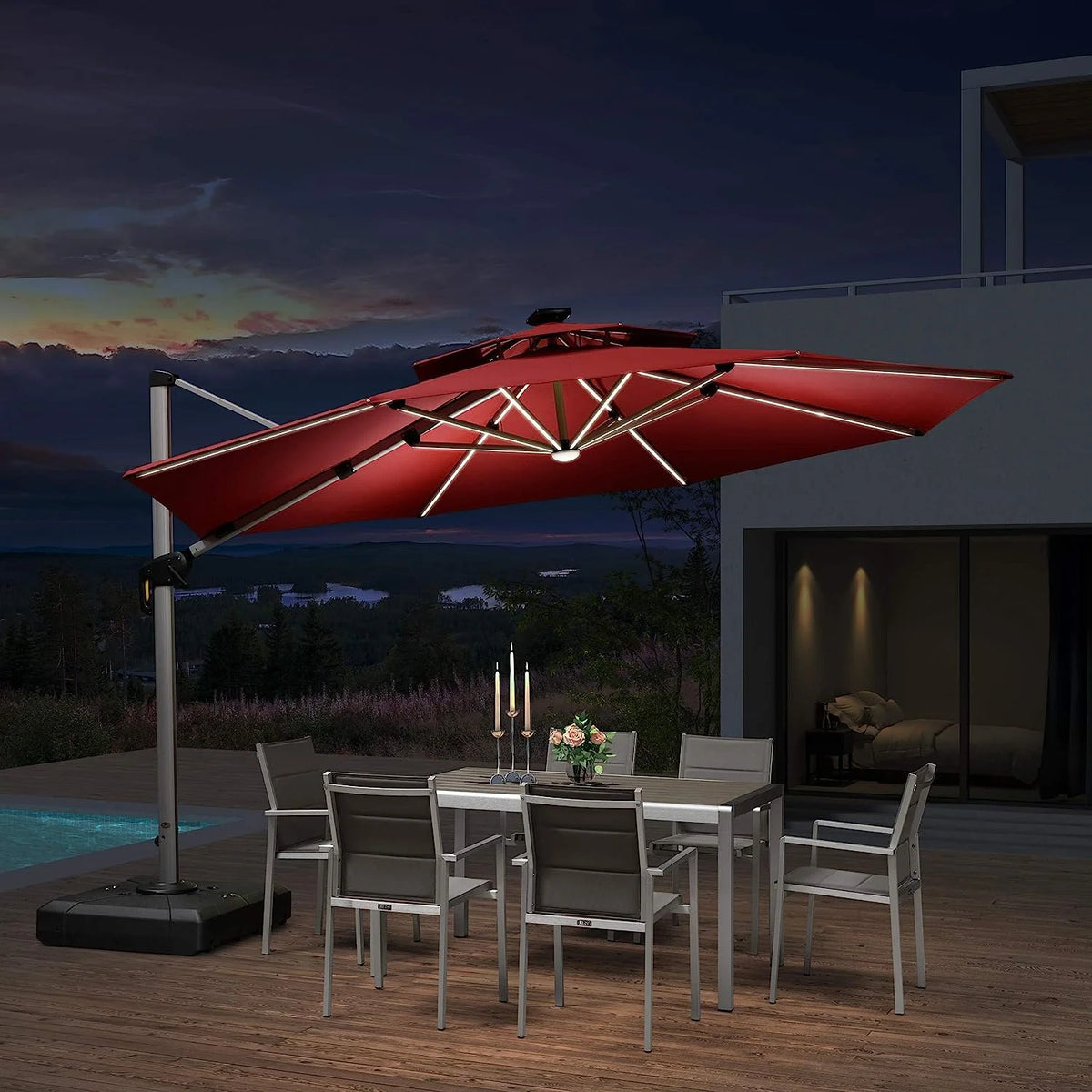 12ft Solar LED Patio Umbrella Outdoor Round Umbrella Large Cantilever Umbrella with LED Lights Windproof Bias Umbrella Heavy Duty Parasol for Garden Deck Pool Patio
