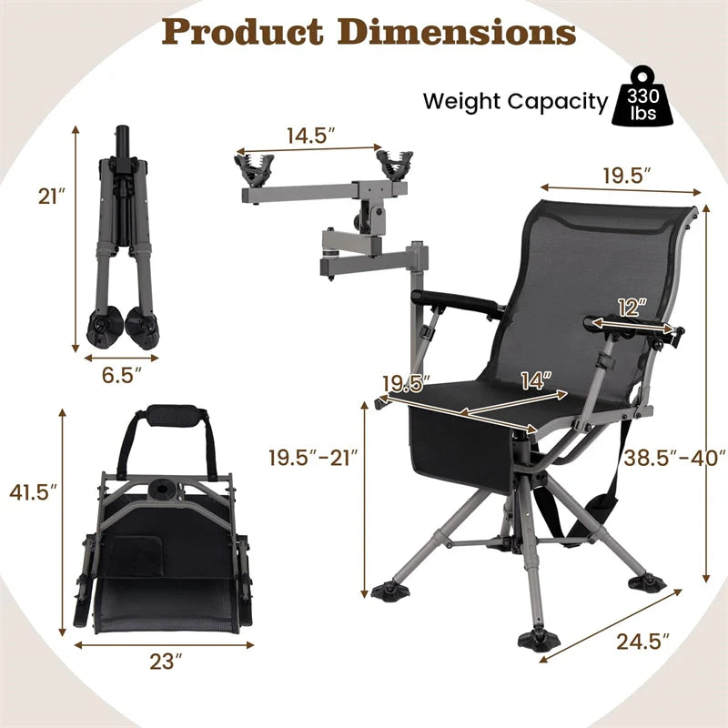 360�� Swivel Hunting Chair with Adjustable Equipment Rest & Armrests, Folding All-Terrain Deer Blind Chair for Outdoor Camping, 330LBS Capacity