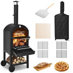2 Layer Steel Outdoor Pizza Oven Wood Fire Pizza Grill Maker with Wheels, Pizza Stone & Peel, Waterproof Cover