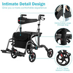 2 in 1 Rollator Walker Wheelchair Folding Medical Walker, Aluminum Transport Chair Mobility Walking Aid