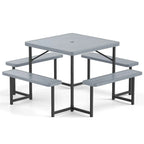 4-8 Person Outdoor Picnic Table Bench Set, All-Weather HDPE Square Dining Table with Umbrella Hole, 4 Benches & Metal Frame for Patio Backyard