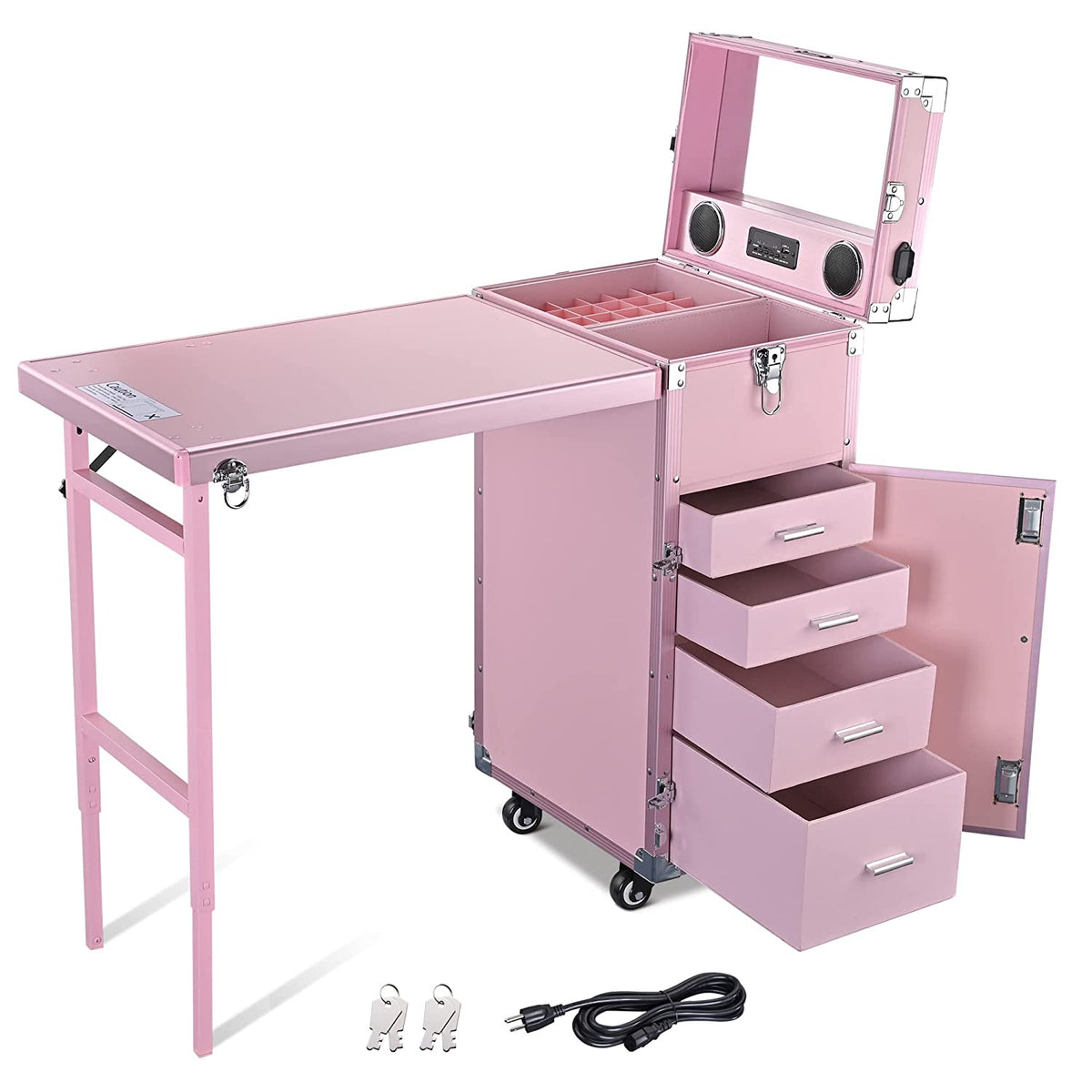 BYOOTIQUE Nail Desk Mobile Station Rolling Makeup Train Case Trolley Cosmetic Manicure Table Mirror 4 Drawers Pink