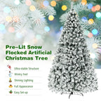 Premium Pre-Lit Snow Flocked Artificial Christmas Tree with Hinged Branch Tips & LED Lights