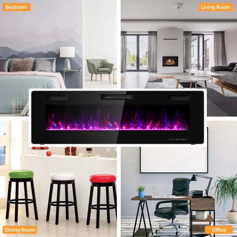 60" Ultra-Thin Electric Fireplace Insert, 1500W Recessed & Wall-mounted Fireplace Heater with 12 Flame Colors