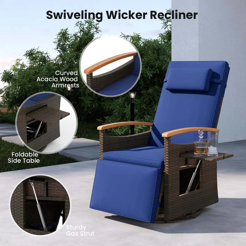 Outdoor Rattan 360�� Swivel Recliner Chair, Patio Wicker Chaise Lounge Chair with Adjustable Backrest & Footrest, Flip Side Table & Cushions