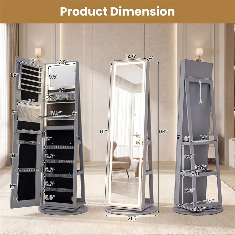 360�� Swivel Jewelry Cabinet Armoire w/ Full Length Mirror 3-Color LED Lights & Rear Shelves, Lockable Standing Jewelry Storage Organizer