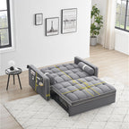 3 in 1 Sleeper Sofa Couch Bed,Small Tufted Velvet Convertible Loveseat Futon Sofa w/Pullout Bed,Adjustable Backrest,Cylinder Pillows,Multi-Pockets,Phone Holder for Living Room Apartment,Grey,55.5"