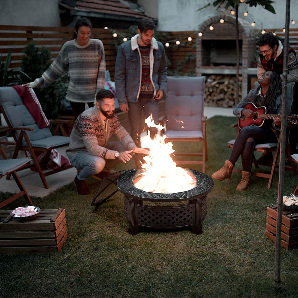 Giantex 3 in 1 Fire Pit, 32" Outdoor Wood Burning Fire Pit, Multifunctional Round Firepit Stove, Metal Fire Bowl with Cover, Portable Fire Pits for Outside Heating, Bonfire, Picnic, Grill