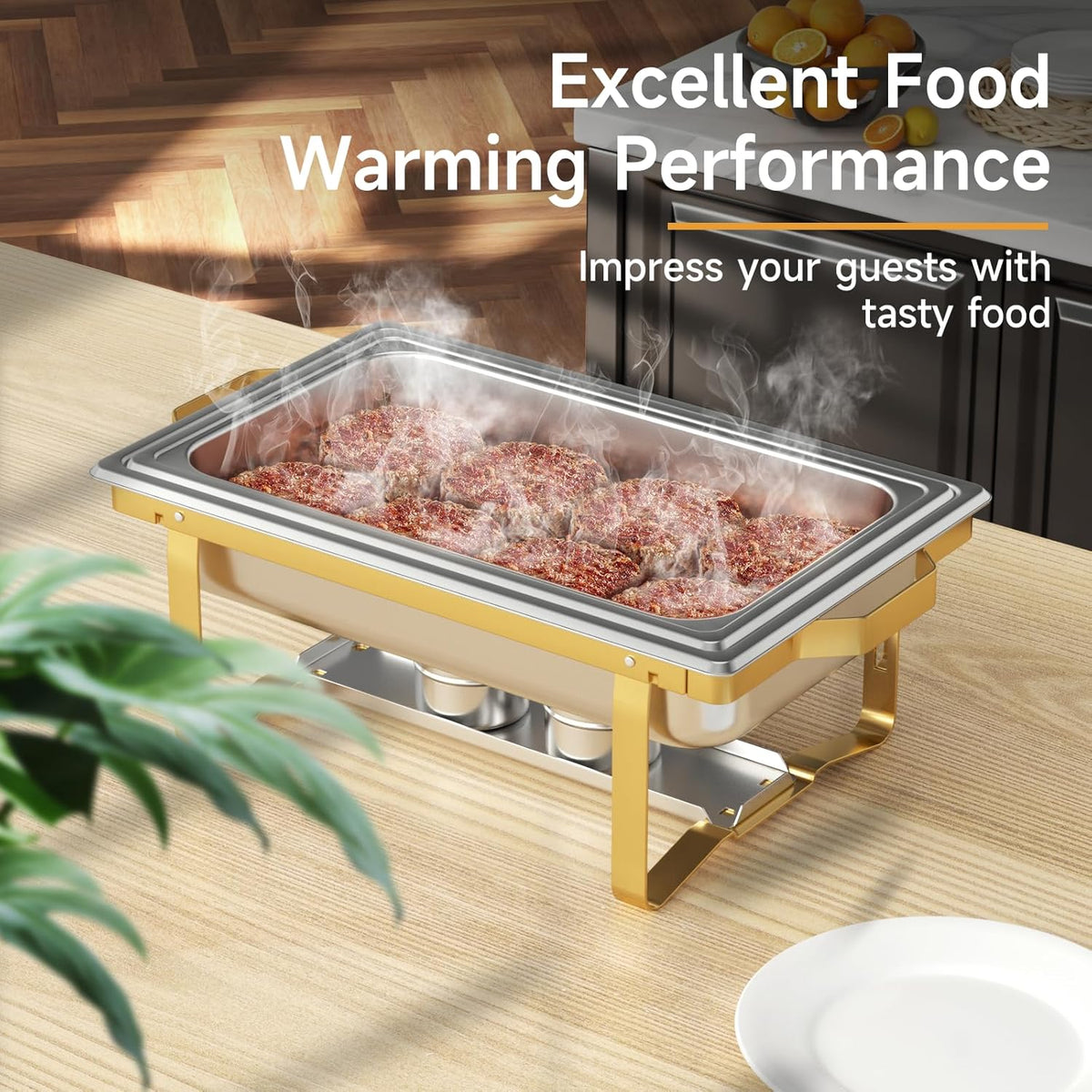 Chafing Dishes for Buffet 4 Pack, 9QT Chafing Dish High Grade Stainless Steel Chafer Complete Set,Steel Handle, Catering Events Complete Buffet Warmer Set (Golden, 4)