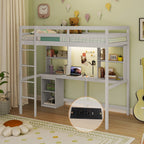 Twin Loft Bed with LED Light and Desk No Box Spring Needed