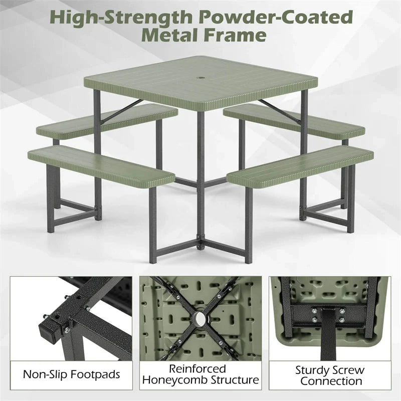 4-8 Person Outdoor Picnic Table Bench Set, All-Weather HDPE Square Dining Table with Umbrella Hole, 4 Benches & Metal Frame for Patio Backyard