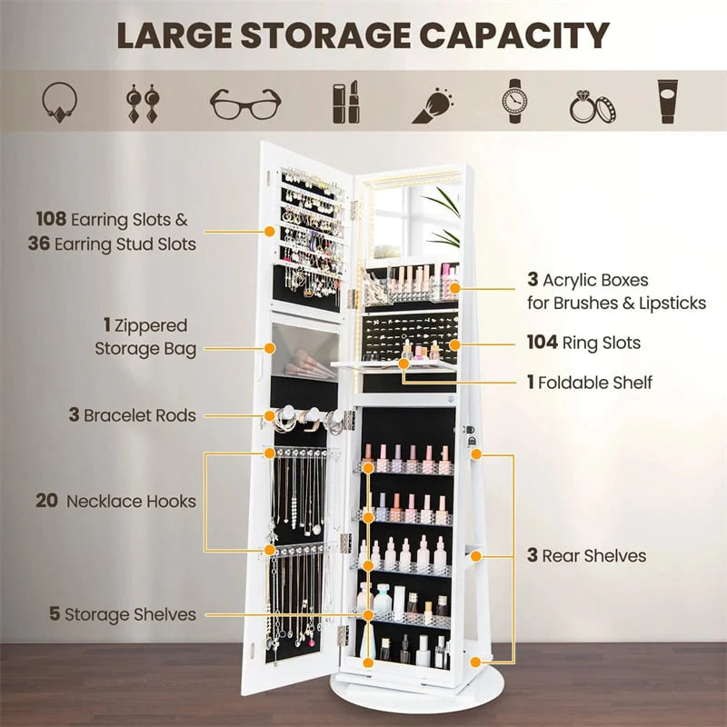 360�� Swivel Jewelry Cabinet Armoire w/ Full Length Mirror 3-Color LED Lights & Rear Shelves, Lockable Standing Jewelry Storage Organizer