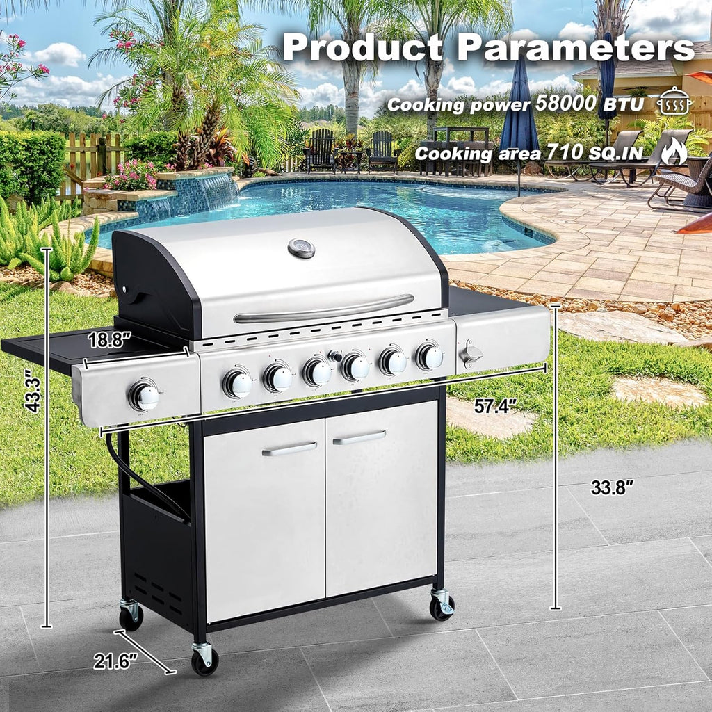 Upgraded 4 Burner BBQ Propane Gas Grill with Cast Iron Grates & Side Stove, 44,000 BTU Stainless Steel Burner Barbecue Grill for Patio, Camping, Outdoor Cooking MELLCOM