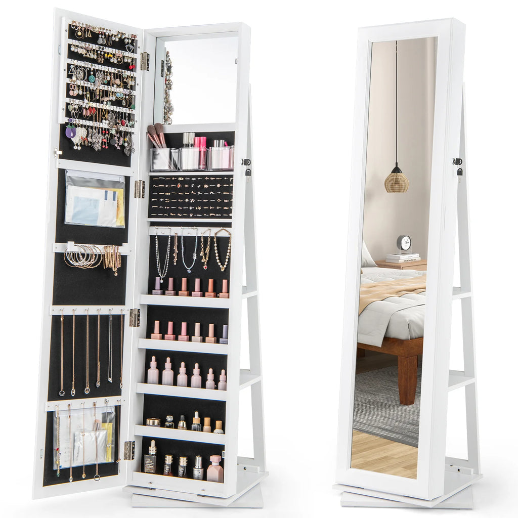 360�� Swivel Jewelry Armoire, Standing Jewelry Organizer with Full Length Mirror