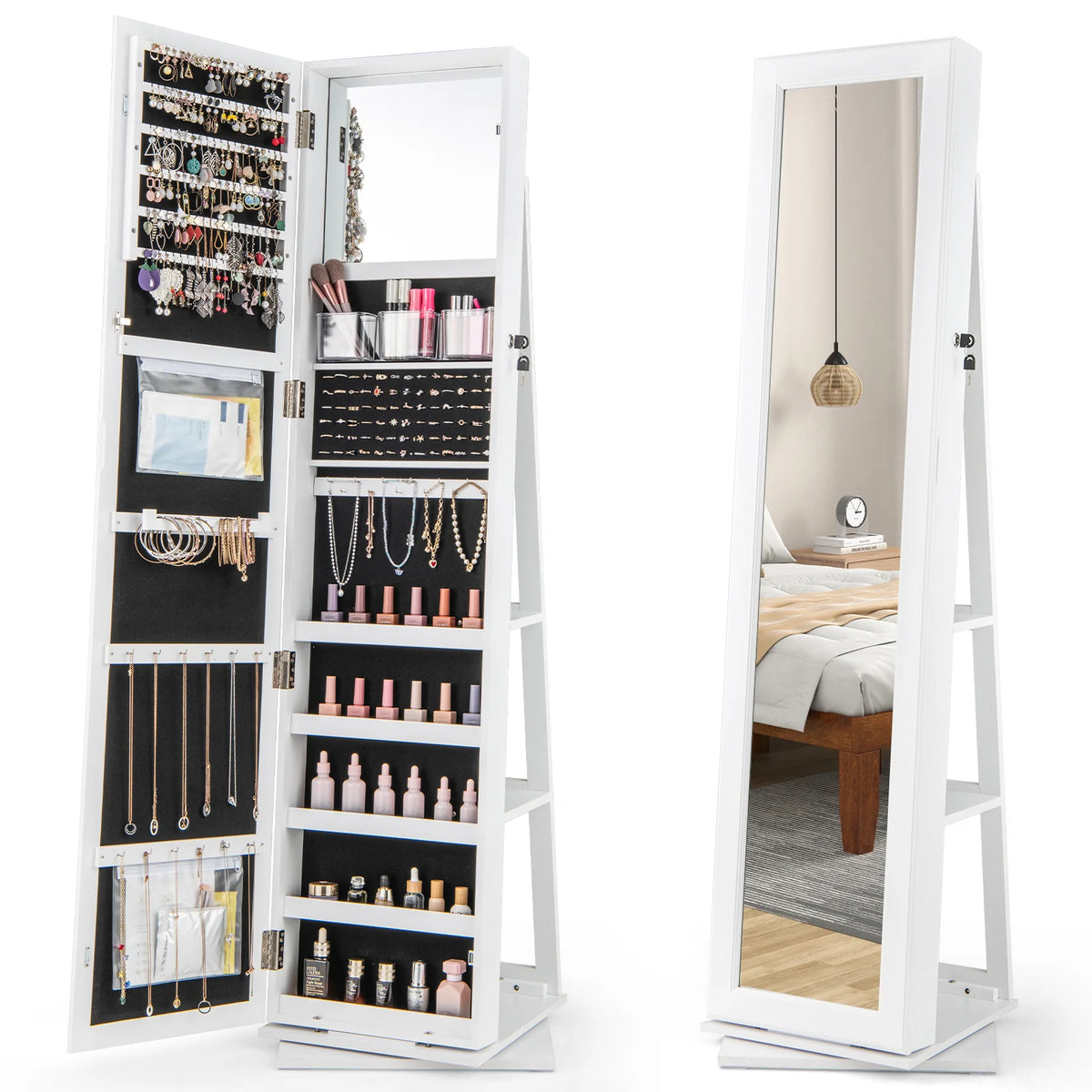 360�� Swivel Jewelry Armoire, Standing Jewelry Organizer with Full Length Mirror