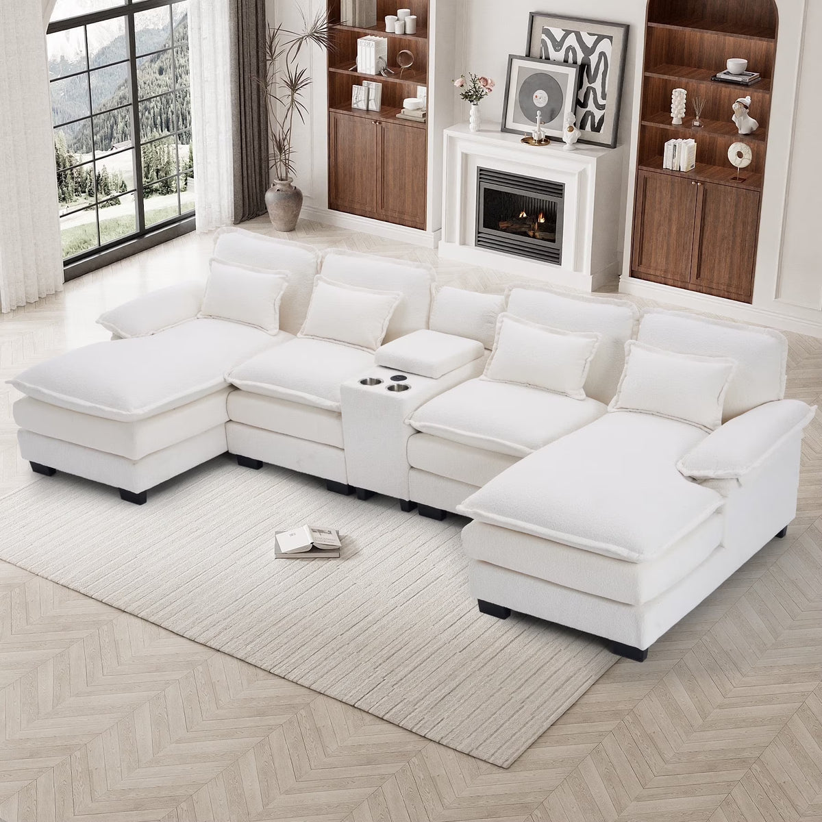 Wiilayok U Shaped Cloud Couch Modular Sectional Sofa 124" Extra Deep Fluffy Chenille Double Chaise Lounge, Central Console w/ Dual USB-C & A Ports, Storm Gray