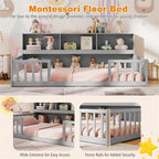 Twin Montessori Floor Bed, Wood Floor Bed Frame with Bookcase, Storage Shelves & Safety Fence Rails for Kids, No Box Spring Needed
