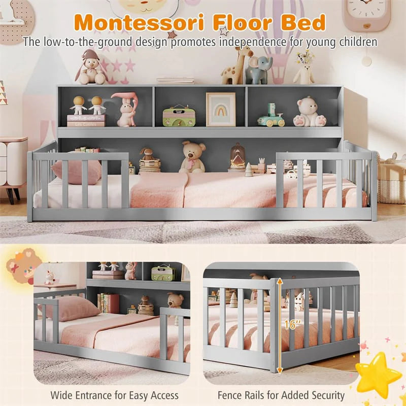 Twin Montessori Floor Bed, Wood Floor Bed Frame with Bookcase, Storage Shelves & Safety Fence Rails for Kids, No Box Spring Needed