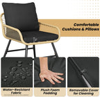 Yaheetech 4 Piece Patio Furniture Set, Outdoor Wicker Conversation Sets, Boho Loveseat & 2 Armchairs with Cushion and Pillow, Glass Top Table for Backyard, Porch, Balcony, Deck - Tan/Black