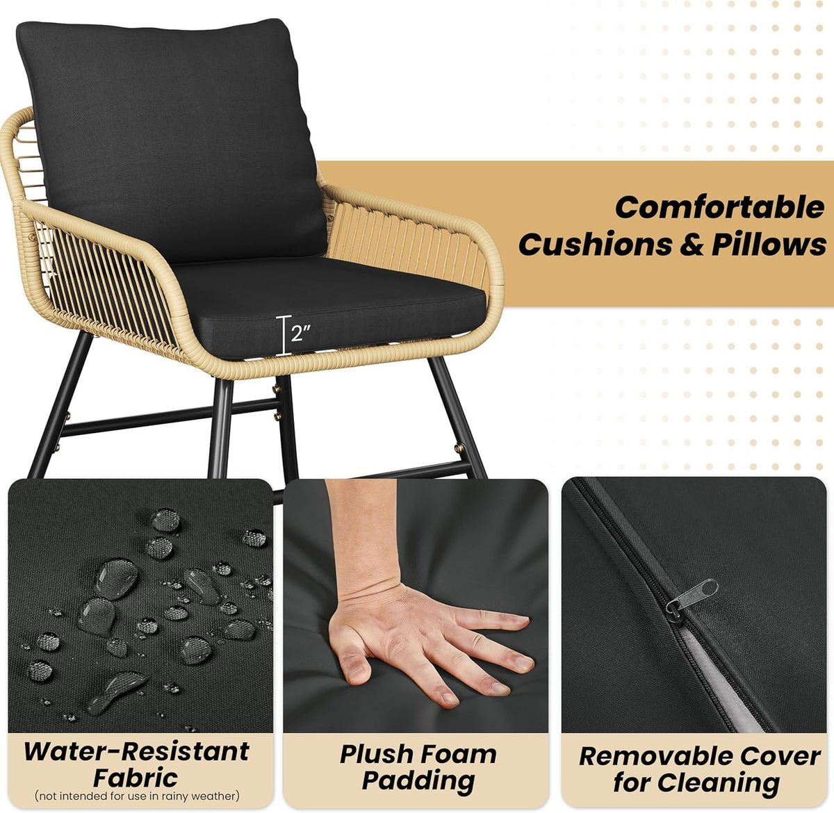 Yaheetech 4 Piece Patio Furniture Set, Outdoor Wicker Conversation Sets, Boho Loveseat & 2 Armchairs with Cushion and Pillow, Glass Top Table for Backyard, Porch, Balcony, Deck - Tan/Black