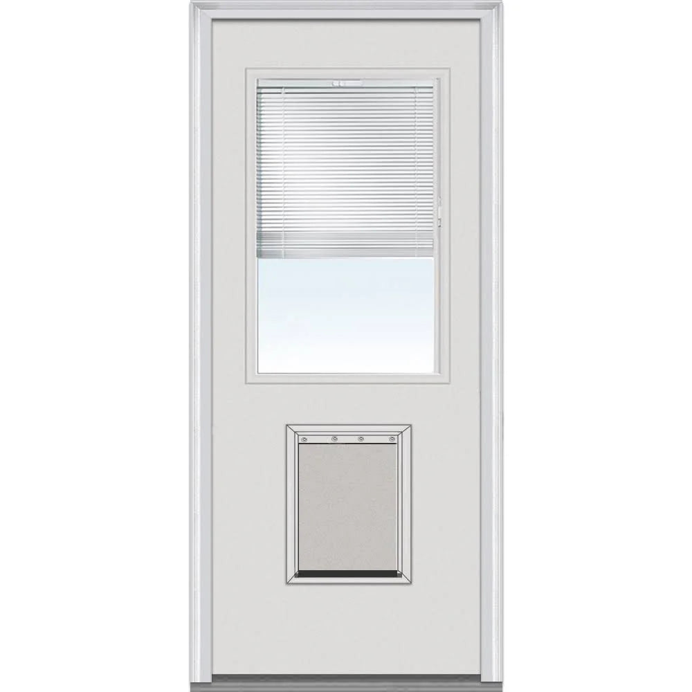 National Door Company Steel Exterior Door, Primed, 1/2 Lite with Clear Glass Internal Blinds & Pet Door, Right Hand Inswing, 32?��??x80?��??