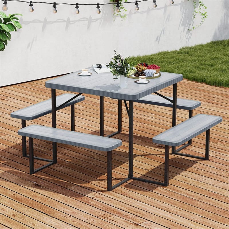 4-8 Person Outdoor Picnic Table Bench Set, All-Weather HDPE Square Dining Table with Umbrella Hole, 4 Benches & Metal Frame for Patio Backyard