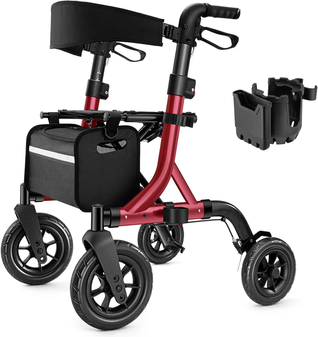 A walking aid suitable for the elderly, a wheelchair-style walking aid with a seat, a full-terrain walking aid with 10-inch rubber wheels, an aluminum walking aid with a backrest, with built-in cables, foldable and height-adjustable, suitable for the
