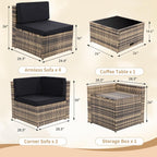 8-Piece Patio Furniture Set  Outdoor Wicker Rattan Sectional with Thick Cushions  Glass Top Table with Hidden Storage  Outdoor Conversation Set for Backyard  Porch  Patio  Black