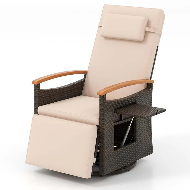 Outdoor Rattan 360�� Swivel Recliner Chair, Patio Wicker Chaise Lounge Chair with Adjustable Backrest & Footrest, Flip Side Table & Cushions
