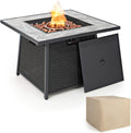 COSTWAY 35" Propane Gas Fire Pit Table, 50,000 BTU Auto-Ignition Propane Fire Pit with Lid, Lava Rocks and PVC Cover, Outdoor PE Rattan Fire Pit Table for Poolside, Garden, Balcony, ETL Certification
