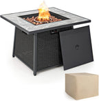 COSTWAY 35" Propane Gas Fire Pit Table, 50,000 BTU Auto-Ignition Propane Fire Pit with Lid, Lava Rocks and PVC Cover, Outdoor PE Rattan Fire Pit Table for Poolside, Garden, Balcony, ETL Certification