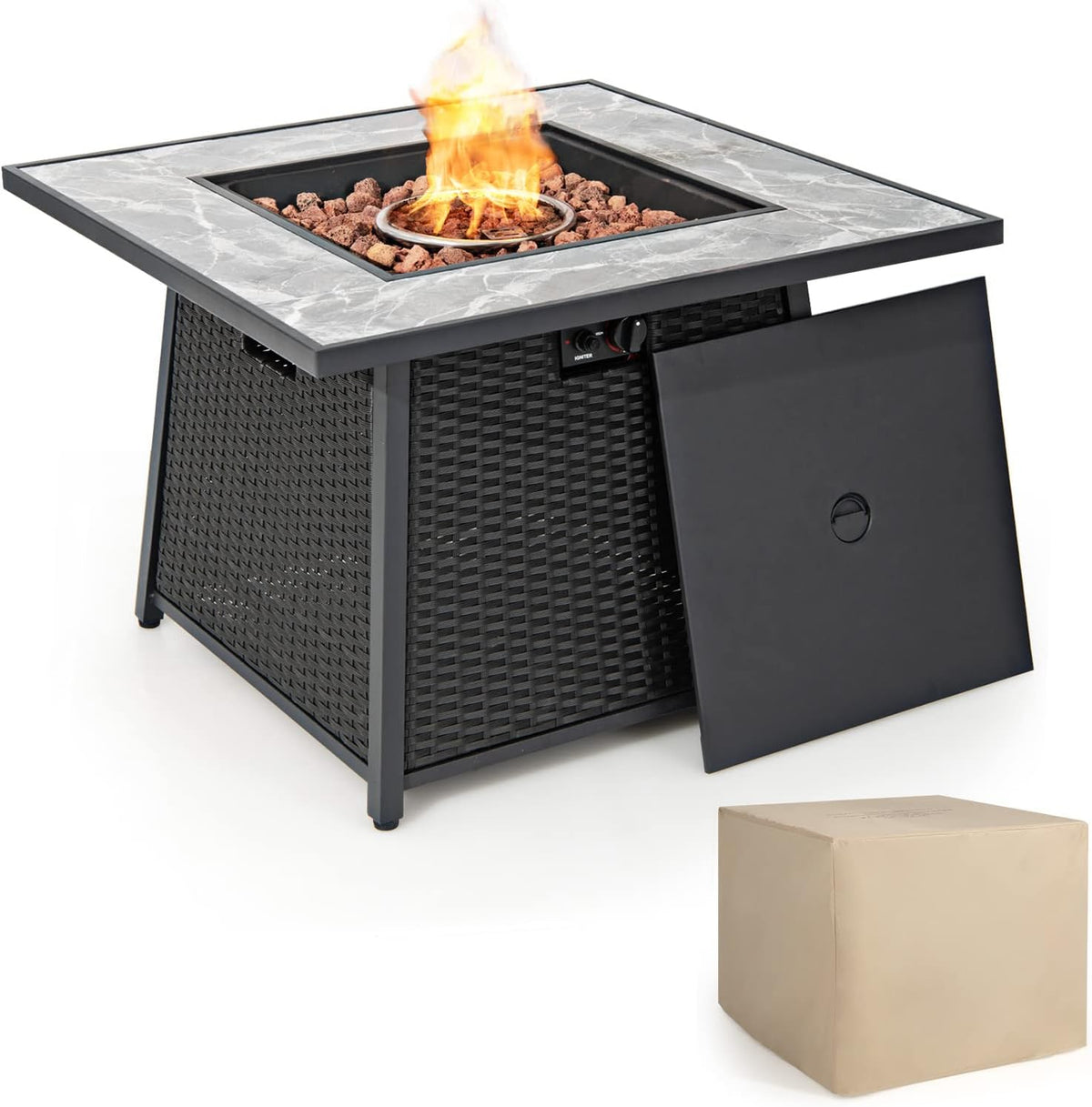 COSTWAY 35" Propane Gas Fire Pit Table, 50,000 BTU Auto-Ignition Propane Fire Pit with Lid, Lava Rocks and PVC Cover, Outdoor PE Rattan Fire Pit Table for Poolside, Garden, Balcony, ETL Certification
