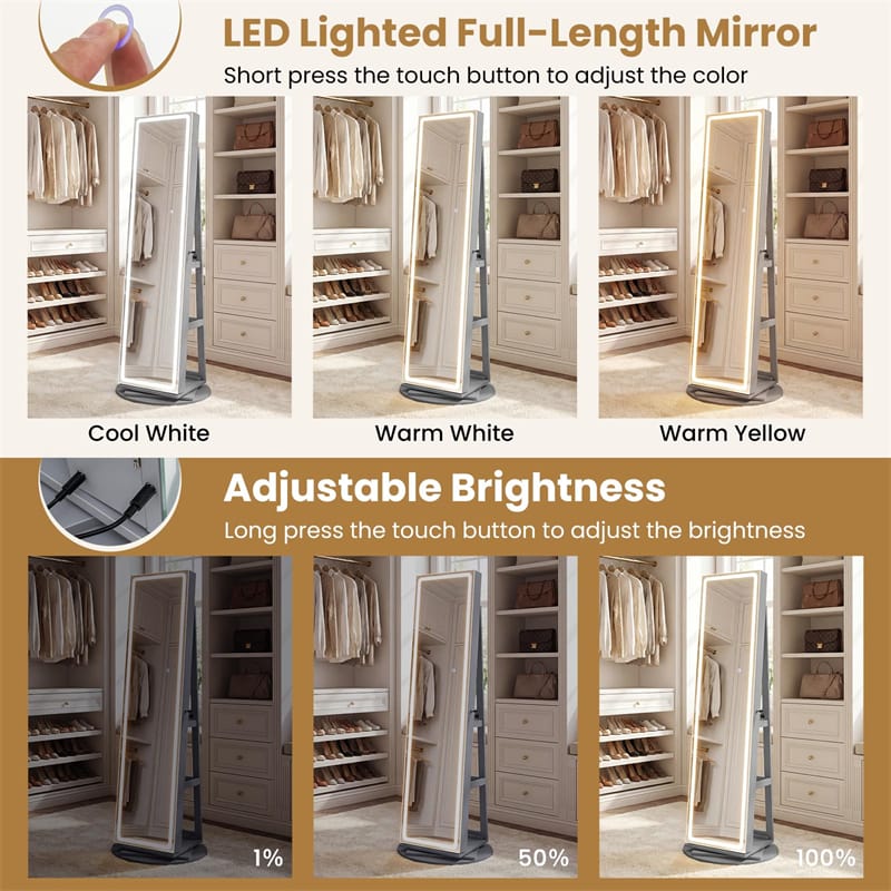360�� Swivel Jewelry Cabinet Armoire w/ Full Length Mirror 3-Color LED Lights & Rear Shelves, Lockable Standing Jewelry Storage Organizer