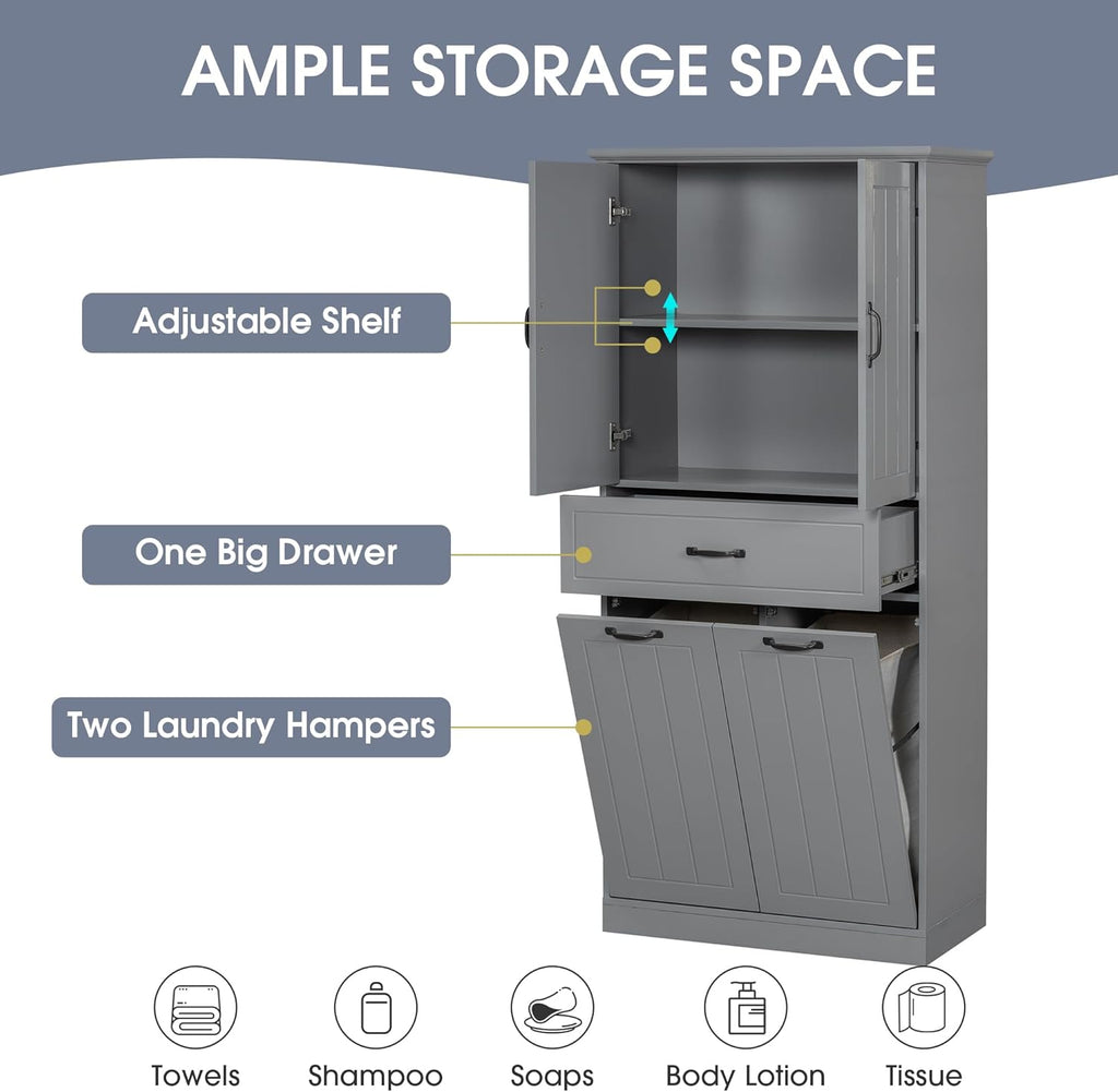 Christopher Knight Home 65.8" Tall Storage Cabinet, Modern Freestanding Large Cupboard with Drawer and Two Laundry Hampers, Bathroom Cabinet with Adjustable Shelf, Gray
