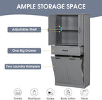 Christopher Knight Home 65.8" Tall Storage Cabinet, Modern Freestanding Large Cupboard with Drawer and Two Laundry Hampers, Bathroom Cabinet with Adjustable Shelf, Gray