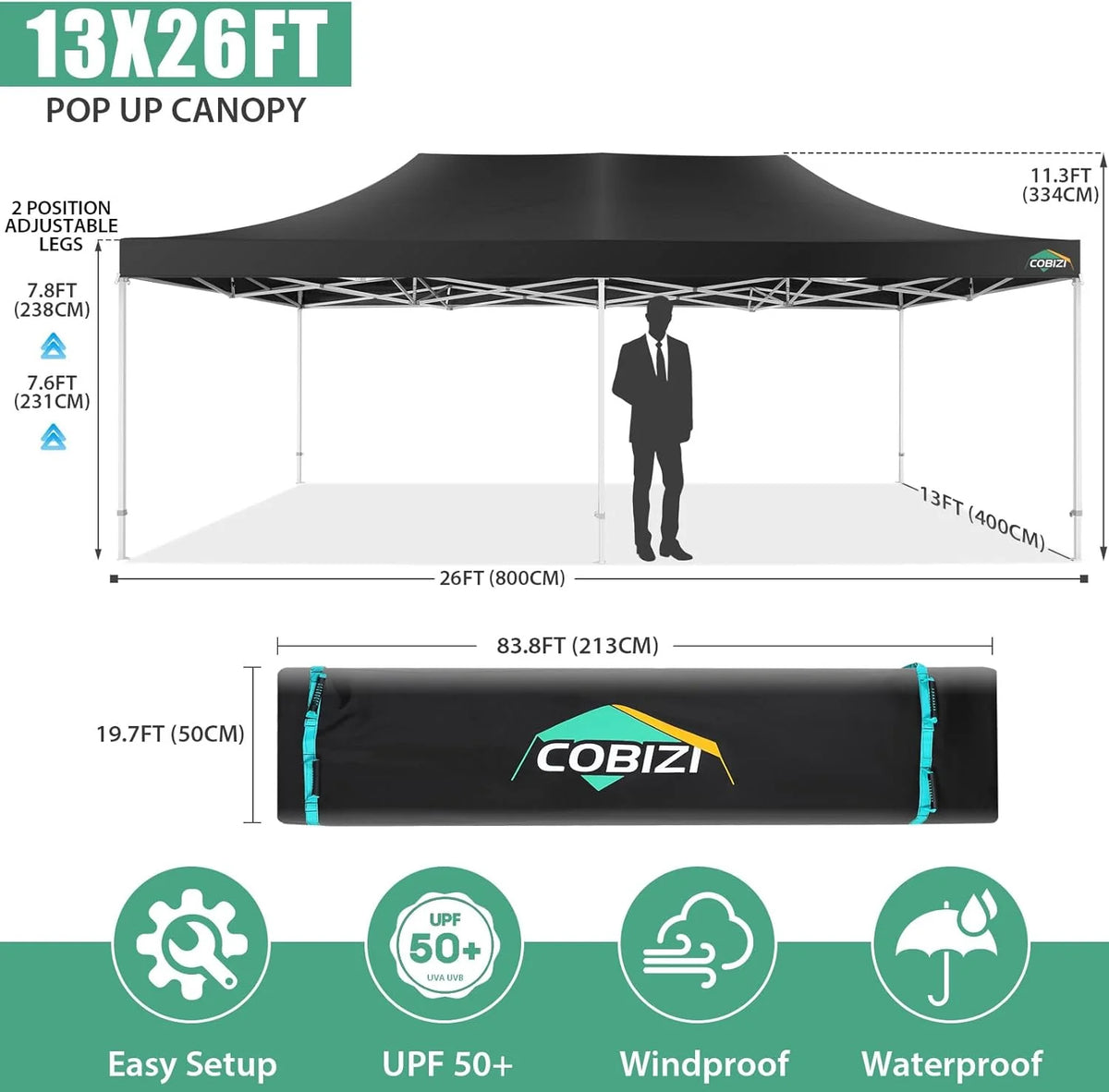 COBIZI 10x20 Heavy Duty Pop up Canopy Tent with 6 sidewalls Easy Up Commercial Outdoor Canopy Wedding Party Tents for Parties All Season Wind & Waterproof Gazebo with Roller Bag,Black(Frame Thickened)