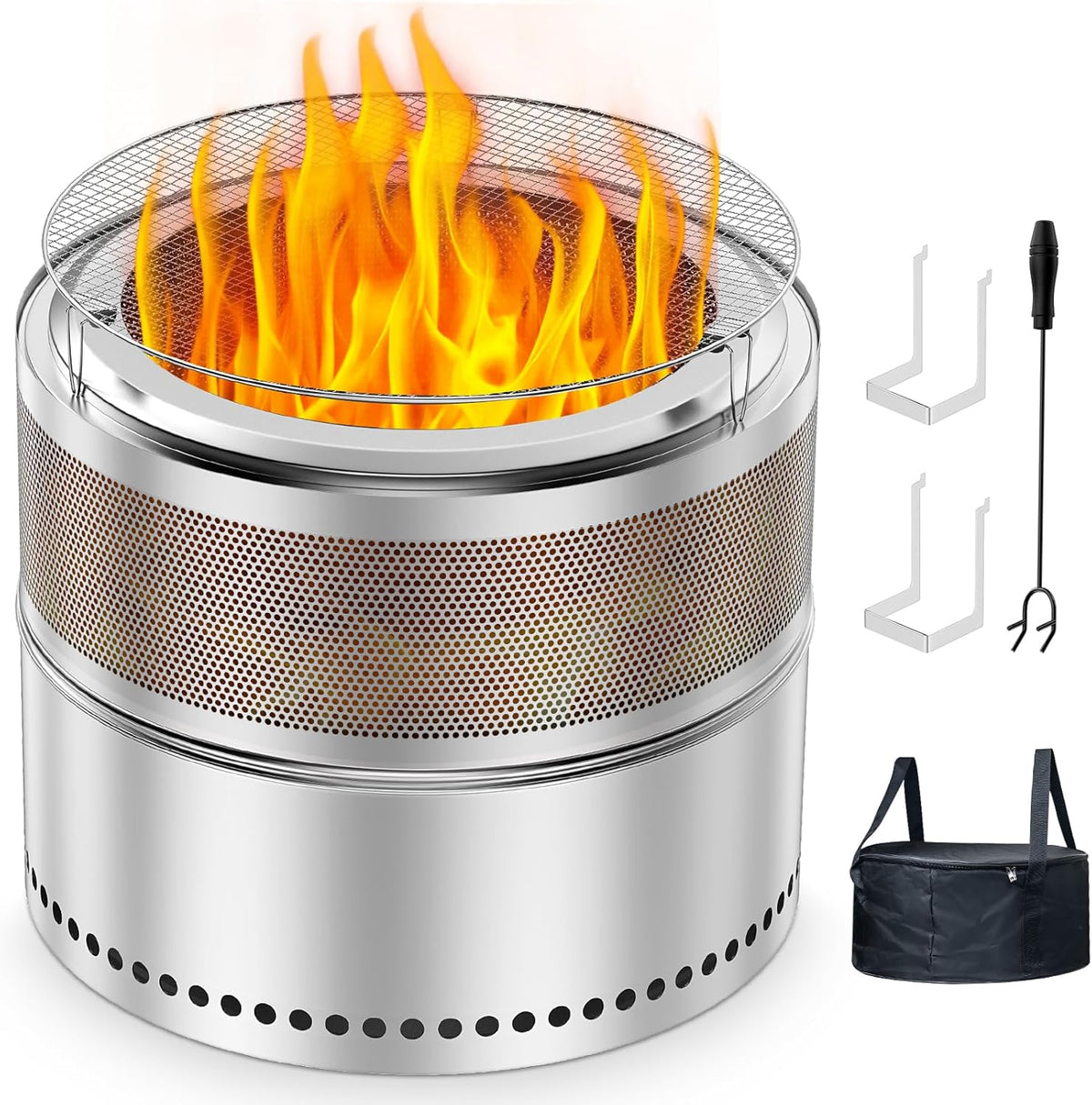 Smokeless Fire Pit Outdoor, 20 Inch Portable Stainless Steel Smokeless Firepit with Grill Grate, Ash Pan & Carry Bag, Low Smoke Wood Burning Fire Pits for Camping, RV, Patio, Compact Storage