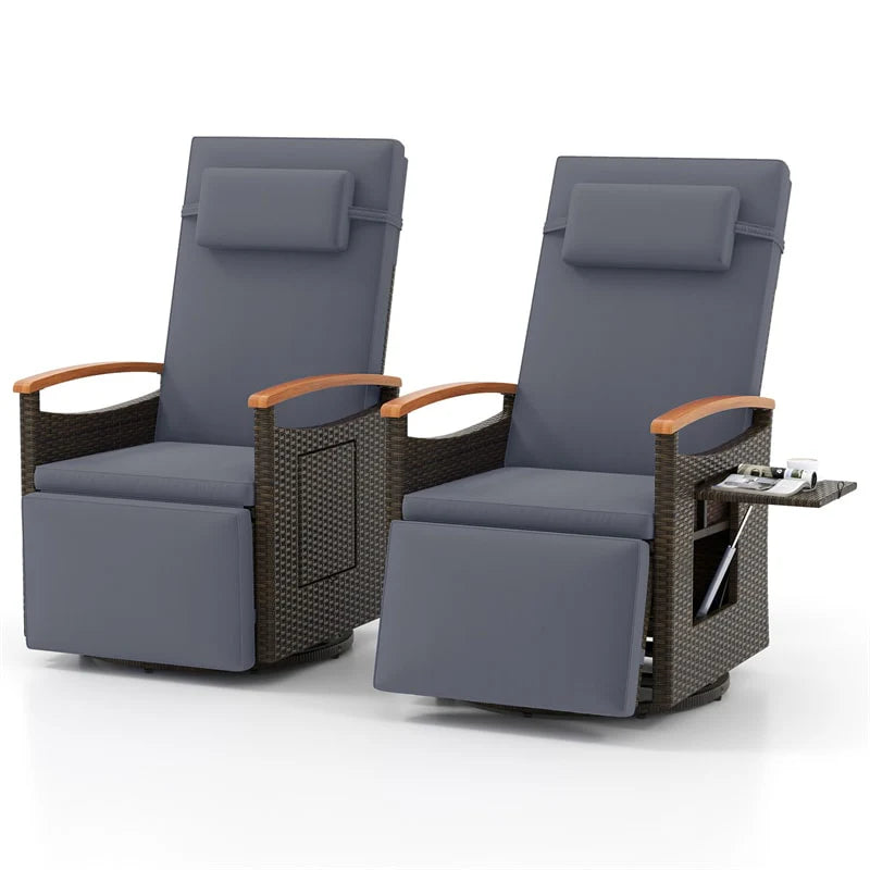 Outdoor Rattan 360�� Swivel Recliner Chair, Patio Wicker Chaise Lounge Chair with Adjustable Backrest & Footrest, Flip Side Table & Cushions