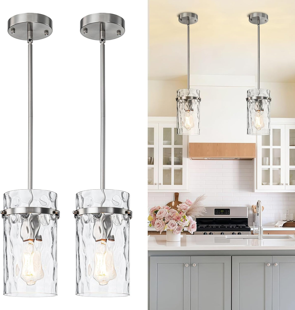5.5" Brush Nickel Hammered Glass Pendant Light Fixtures, Brushed Nickel Kitchen Pendant Lights, Modern Kitchen Island Light Dining Room Light Farmhouse Island Lights Sink 2 Pack