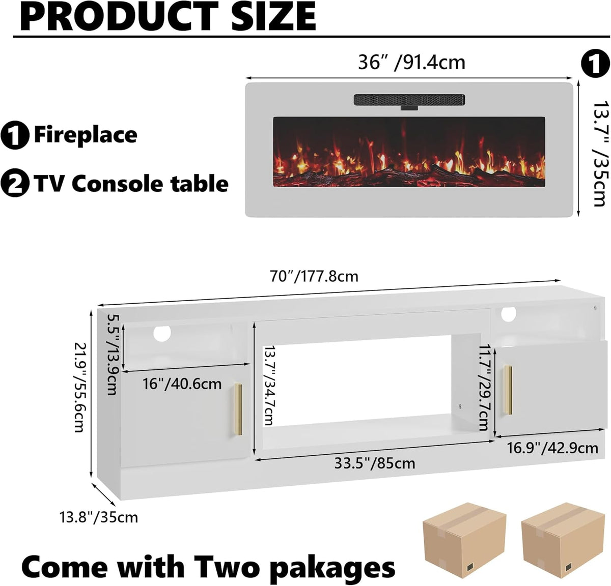 Fireplace TV Stand with 36’’ Electric Fireplace, 70'' TV Media Entertainment Center with Fireplace Up to 80 inch,Modern LED TV Console with High Gloss Cabinet for Living Room