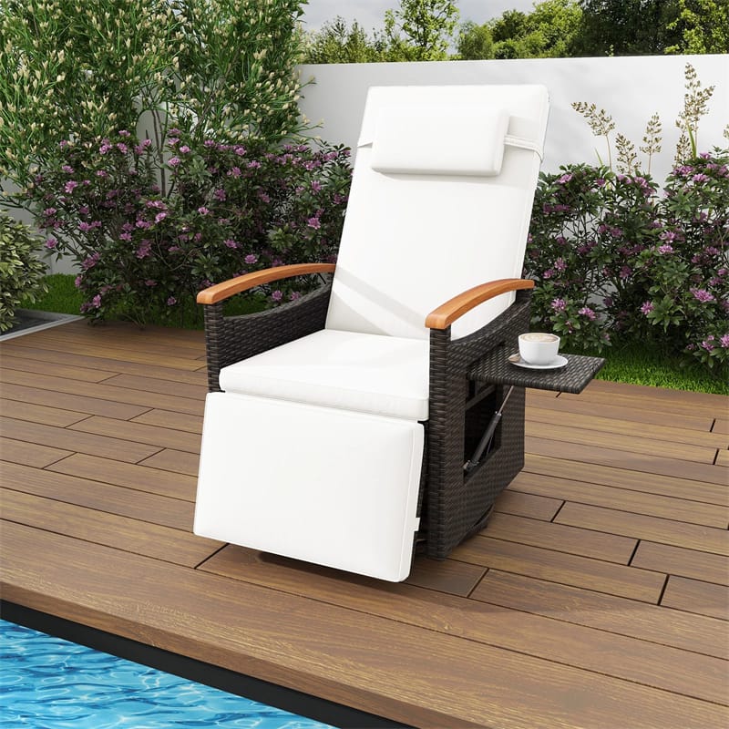 Outdoor Rattan 360�� Swivel Recliner Chair, Patio Wicker Chaise Lounge Chair with Adjustable Backrest & Footrest, Flip Side Table & Cushions