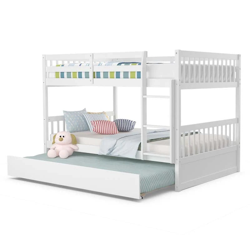 Solid Wood Full Over Full Bunk Bed Frame with Trundle, Safety Ladder & Guardrails, Convertible Bunk Bed for Kids Teens