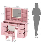 47" Large Vanity Desk with Lighted Mirror & Charging Station, Black Makeup Vanity with 7 Drawers & 6 Shelves, Vanity Set with Cushioned Stool