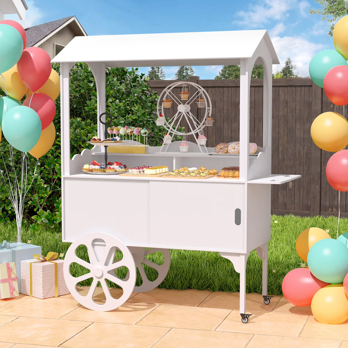 Candy Cart with Wheels for Party，Wood Dessert Cart with Storage Cabinet