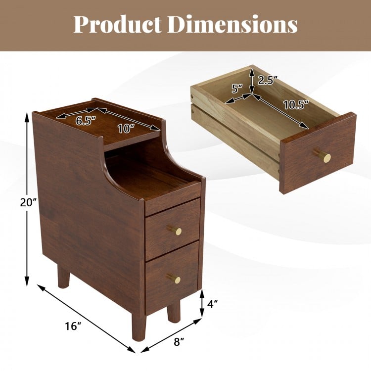 Solid Wood End Table Narrow Bedside Table with Pull-out Tray and 2 Storage Drawers