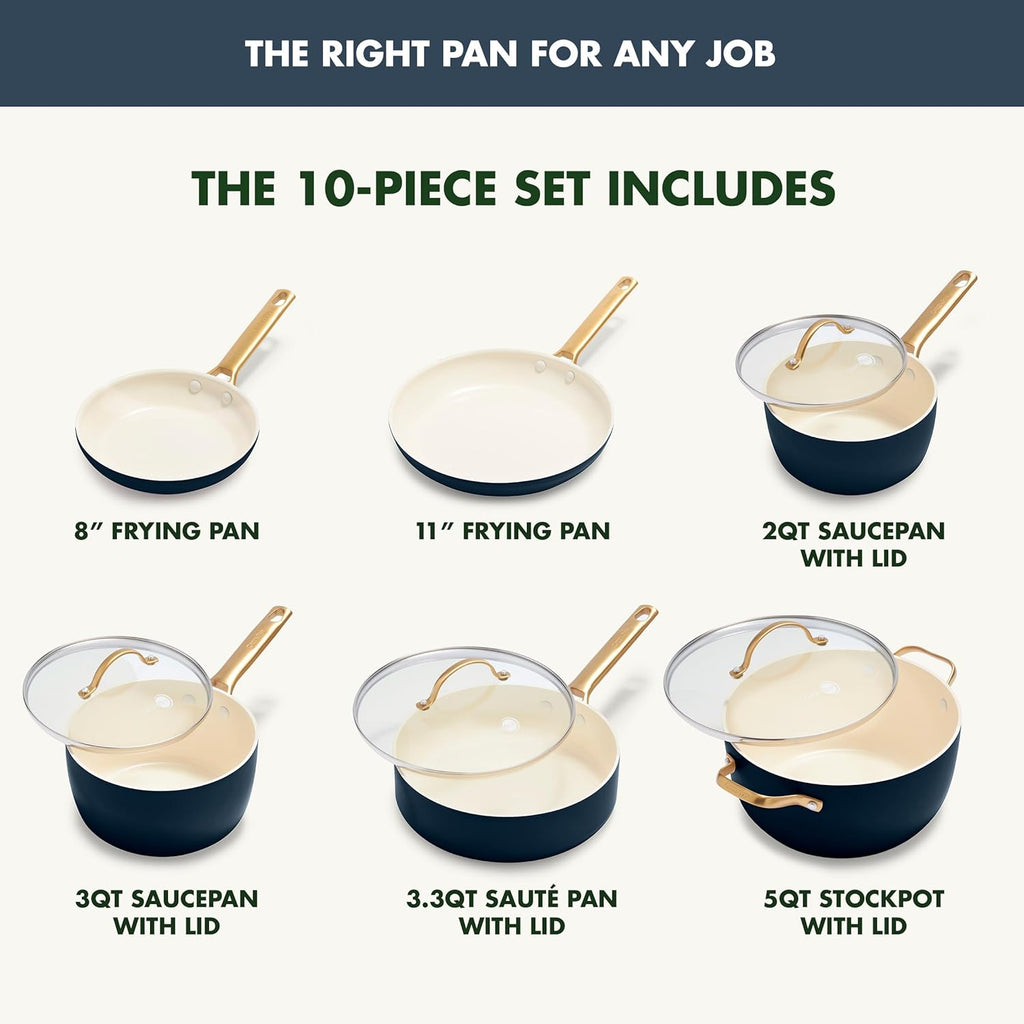 Reserve Hard Anodized Healthy Ceramic Nonstick 10 Piece Cookware Pots and Pans Set, Gold Handle, PFAS-Free, Dishwasher Safe, Oven Safe, Black