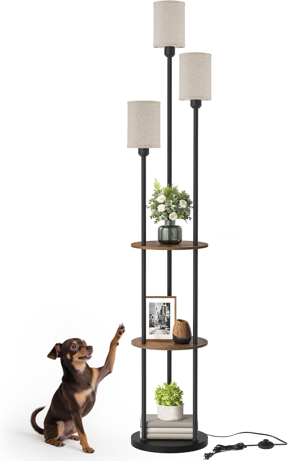 70.9" Floor Lamp with Shelves, Modern Floor Lamp with 3 Linen Shades and Foot Switch, 3-Light Standing Lamp, for Living Room, Bedroom, Study, Office, Rustic Brown and Beige EF53LD05