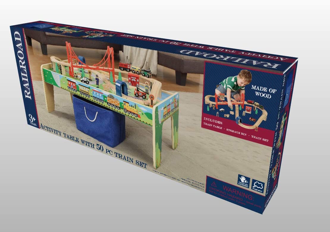 50 Piece Wooden Train Set with Activity Table   Storage Bin   100% Hardwood Track, Engine, Oil Tanker, Caboose, Fire Engine, Station, Policeman, Farm Animals. Compatible with All Major Brands